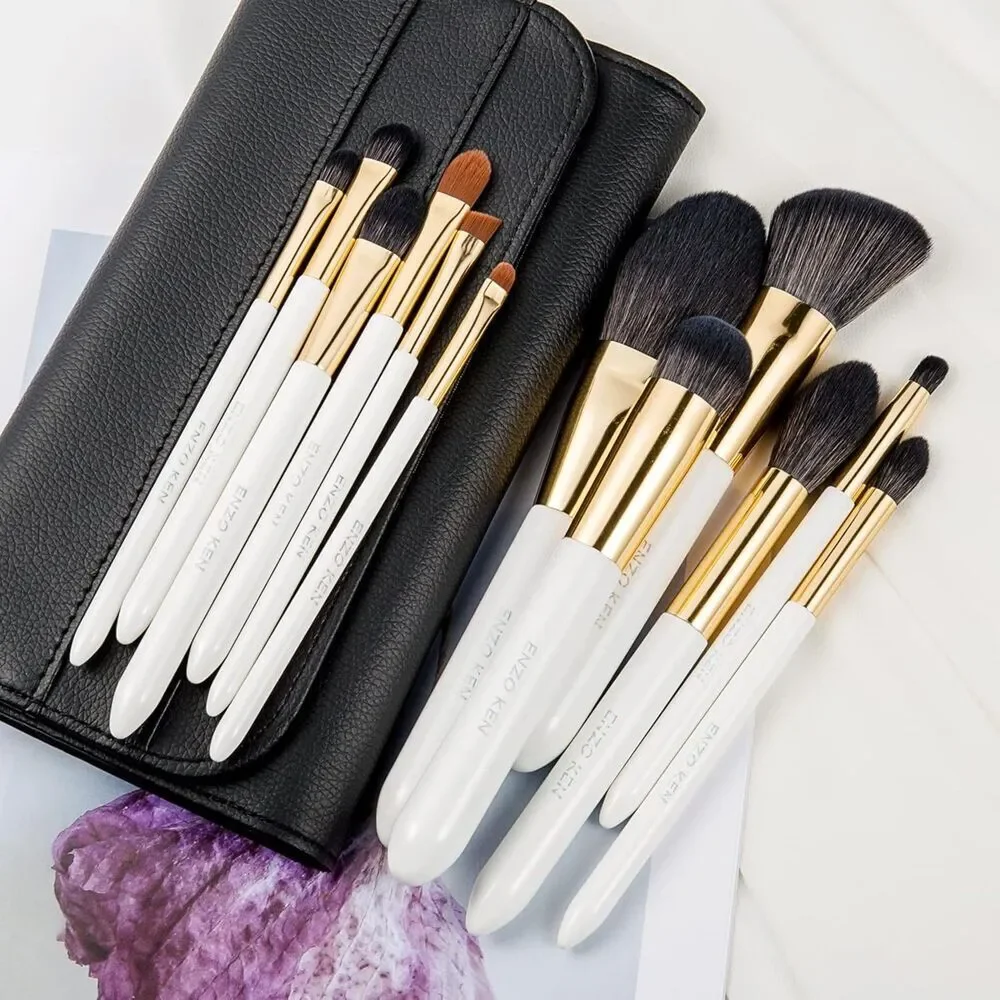 White Professional Natural Bristle Black Hair Makeup Brushes Set With Case